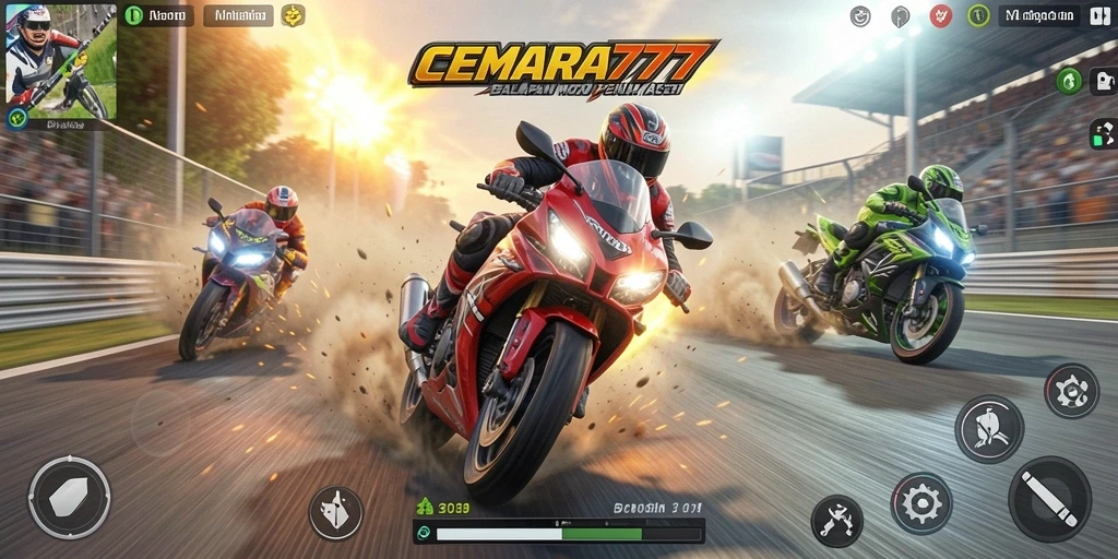 Gameplay CEMARA777 yang mendebarkan dengan balapan motor yang seru.