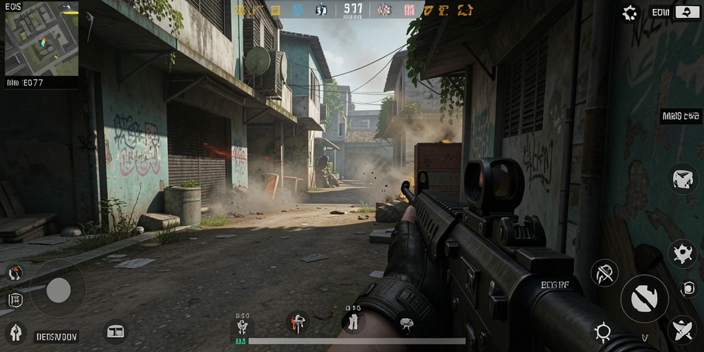 Tangkapan layar menampilkan aksi intens di medan perang FPS.