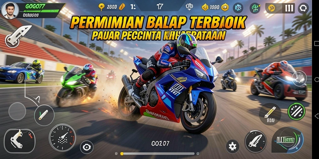 Screenshot gameplay GOGO77 menampilkan aksi balap motor yang mendebarkan.