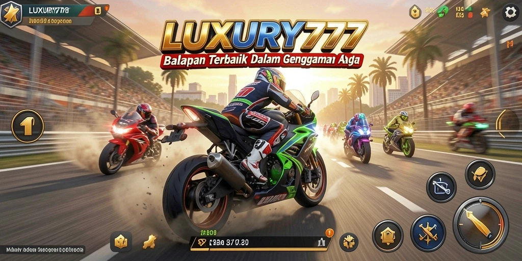 Tampilan utama gameplay LUXURY777 saat balapan motor.